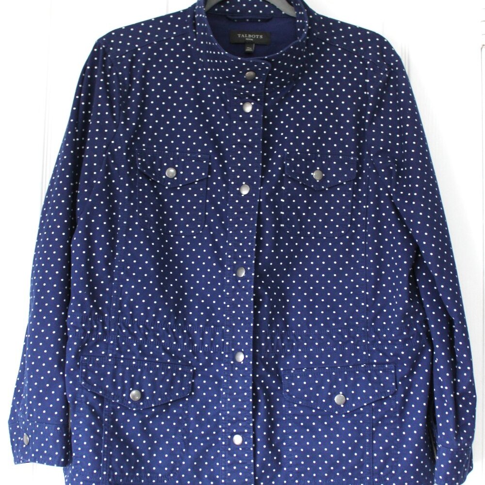 Talbots Navy Blue & White Polka Dot Utility Jacket Petite XL XLP